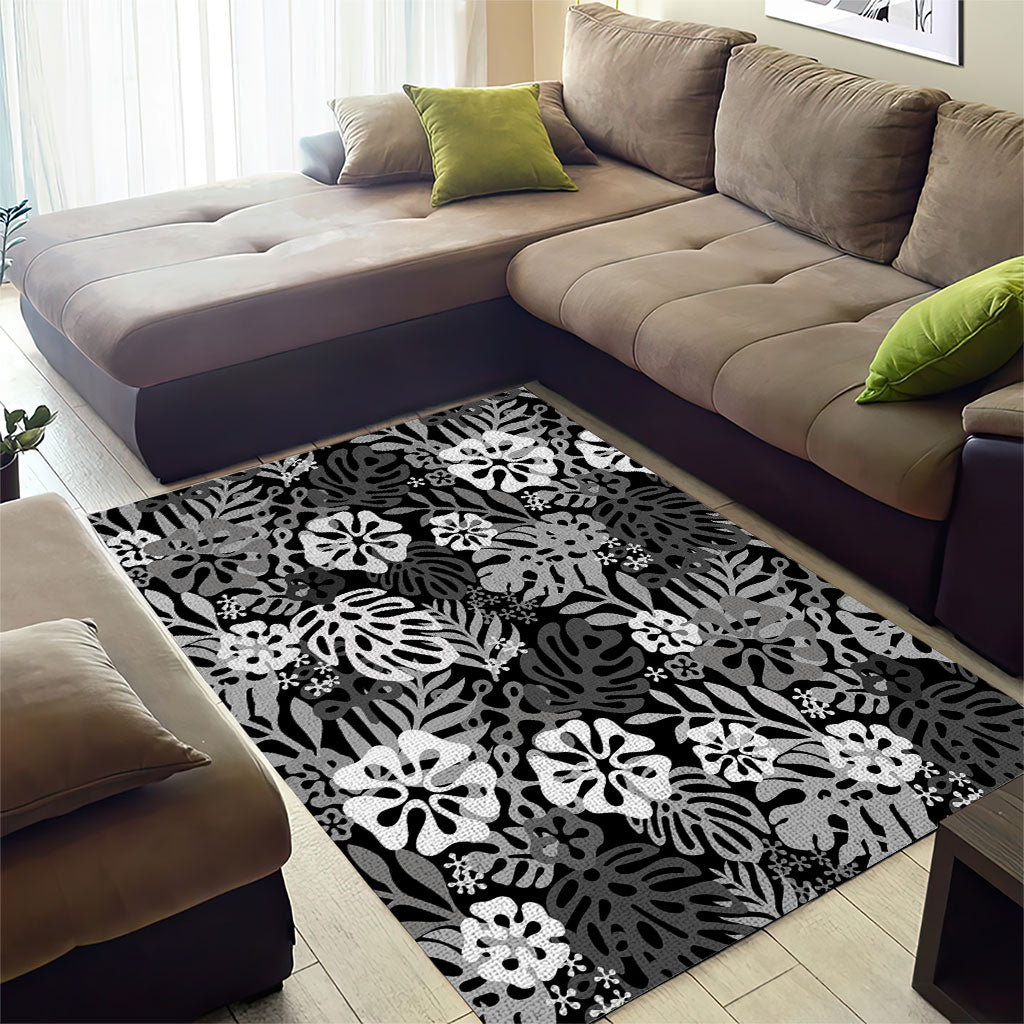 Black Aloha Hawaiian Area Rug Monstera Hibiscus Tropical Pattern LT19 - Polynesian Pride