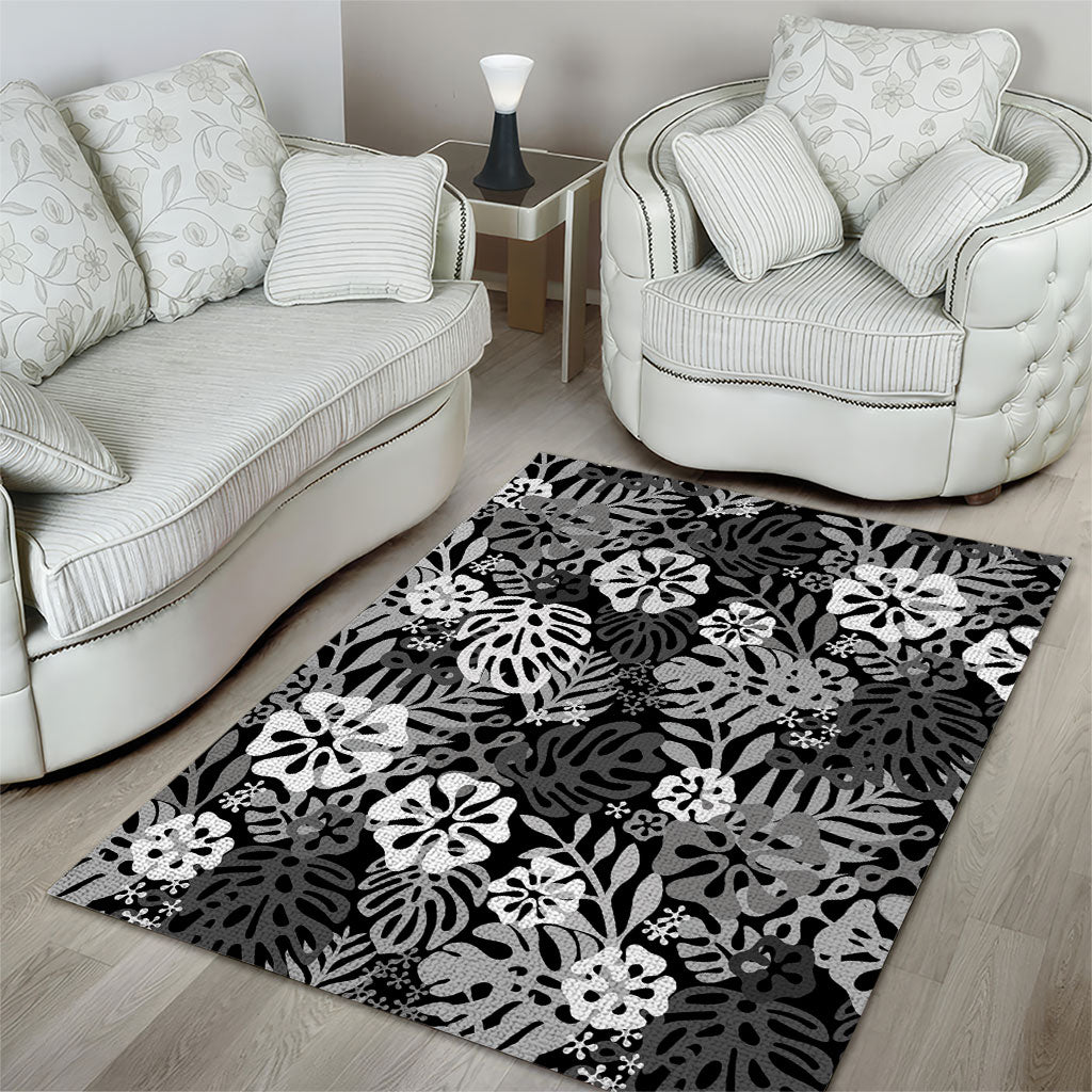 Black Aloha Hawaiian Area Rug Monstera Hibiscus Tropical Pattern LT19 - Polynesian Pride