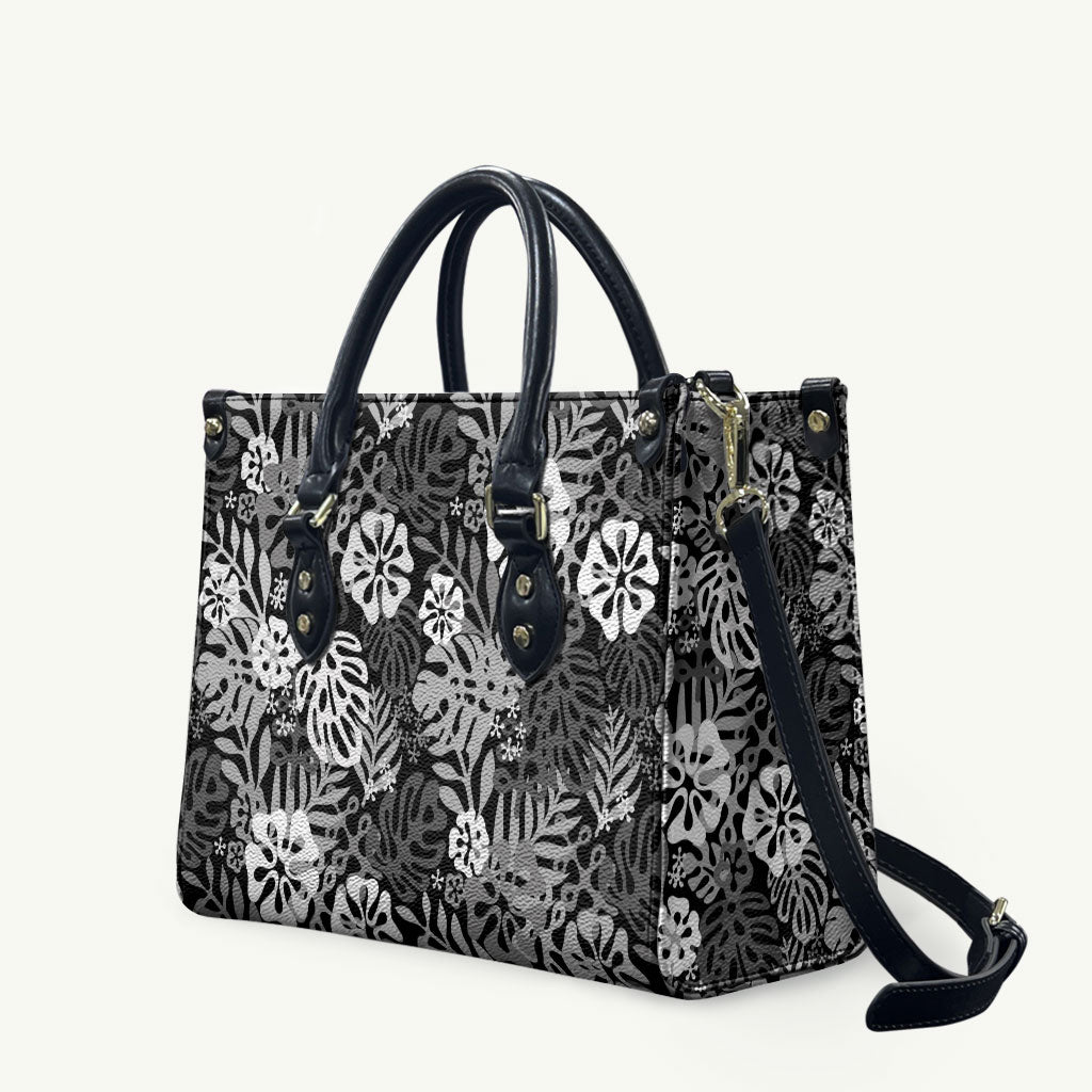 Black Aloha Hawaiian Leather Bag Monstera Hibiscus Tropical Pattern LT19 Black - Polynesian Pride