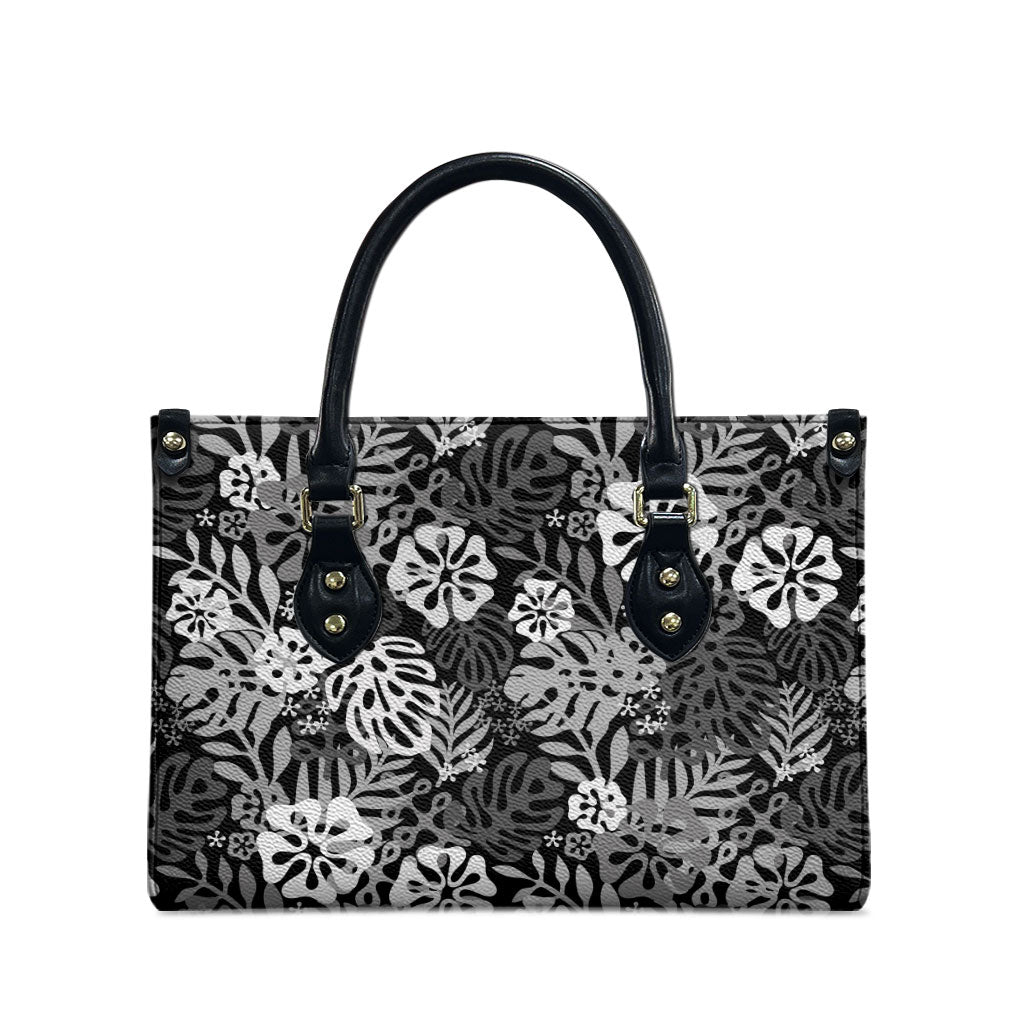 Black Aloha Hawaiian Leather Bag Monstera Hibiscus Tropical Pattern LT19 - Polynesian Pride