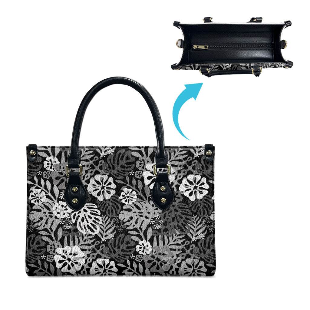 Black Aloha Hawaiian Leather Bag Monstera Hibiscus Tropical Pattern LT19 - Polynesian Pride