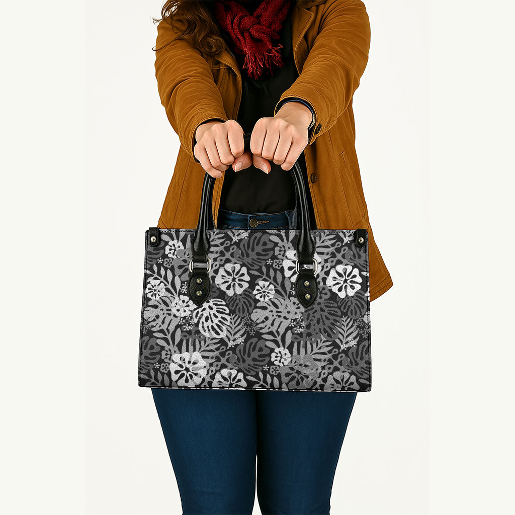 Black Aloha Hawaiian Leather Bag Monstera Hibiscus Tropical Pattern LT19 - Polynesian Pride