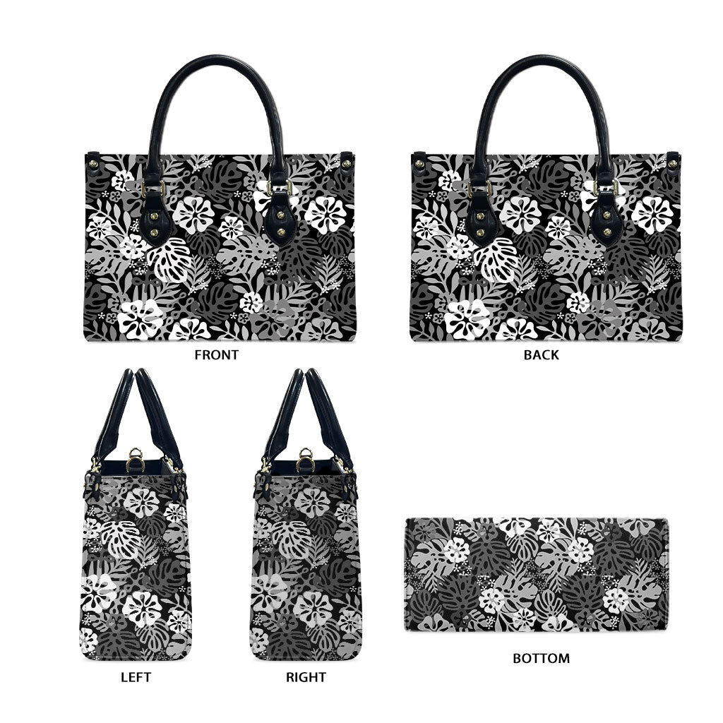 Black Aloha Hawaiian Leather Bag Monstera Hibiscus Tropical Pattern LT19 - Polynesian Pride
