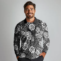 Black Aloha Hawaiian Long Sleeve Polo Shirt Monstera Hibiscus Tropical Pattern LT19 - Polynesian Pride