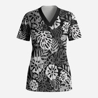 Black Aloha Hawaiian Scrub Top Monstera Hibiscus Tropical Pattern LT19 Adult Black - Polynesian Pride