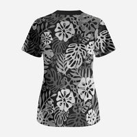 Black Aloha Hawaiian Scrub Top Monstera Hibiscus Tropical Pattern LT19 - Polynesian Pride