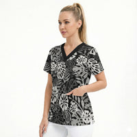 Black Aloha Hawaiian Scrub Top Monstera Hibiscus Tropical Pattern LT19 - Polynesian Pride