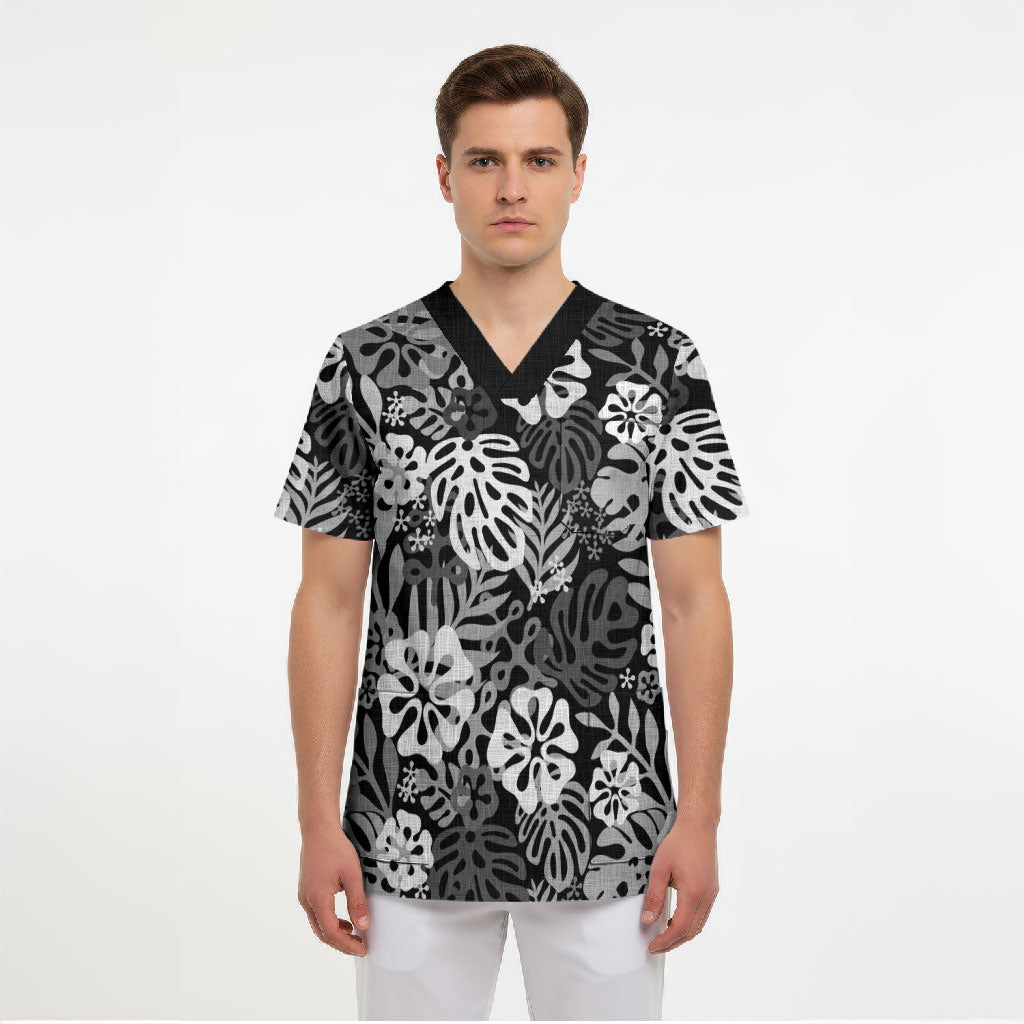 Black Aloha Hawaiian Scrub Top Monstera Hibiscus Tropical Pattern LT19 - Polynesian Pride