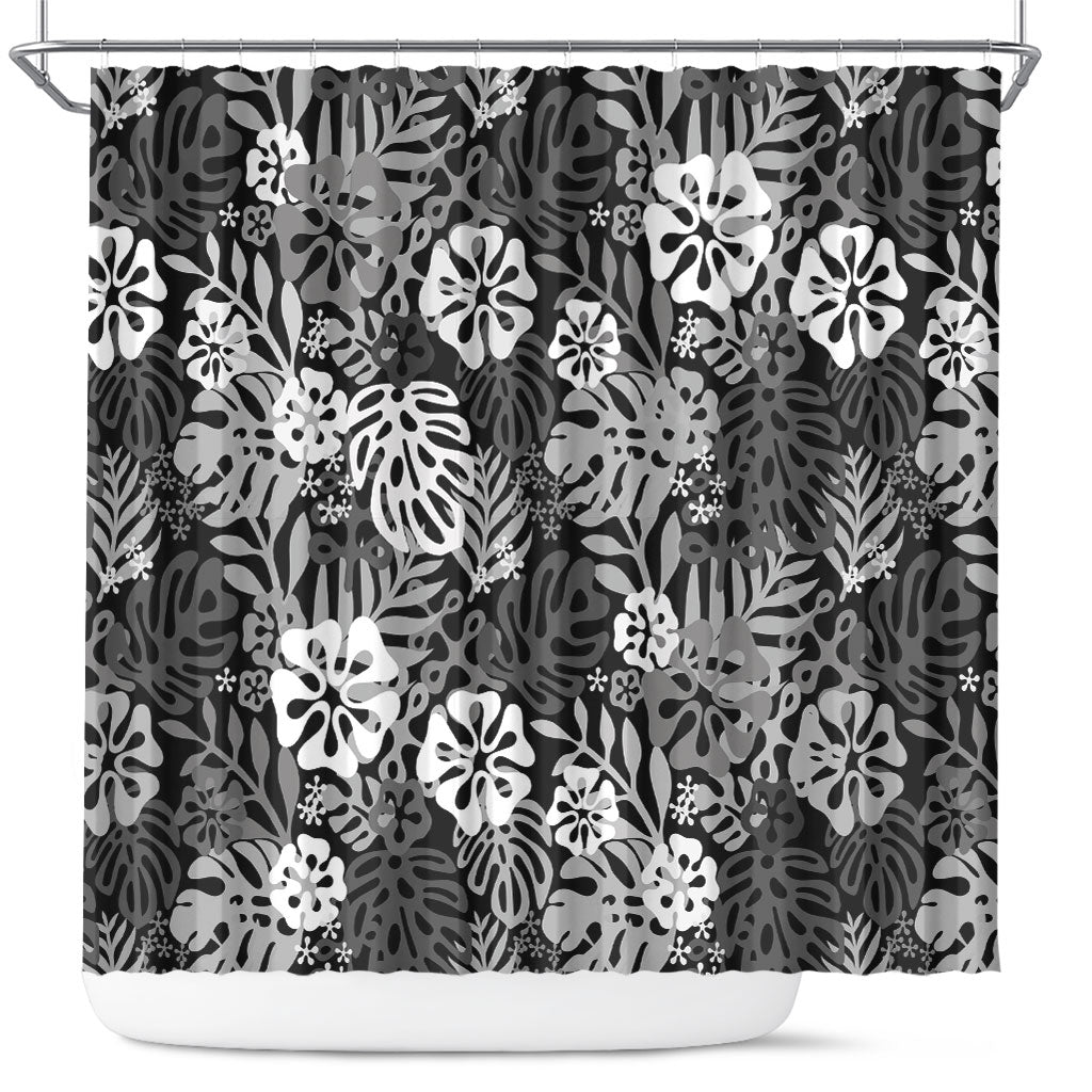 Black Aloha Hawaiian Shower Curtain Monstera Hibiscus Tropical Pattern LT19 Black - Polynesian Pride