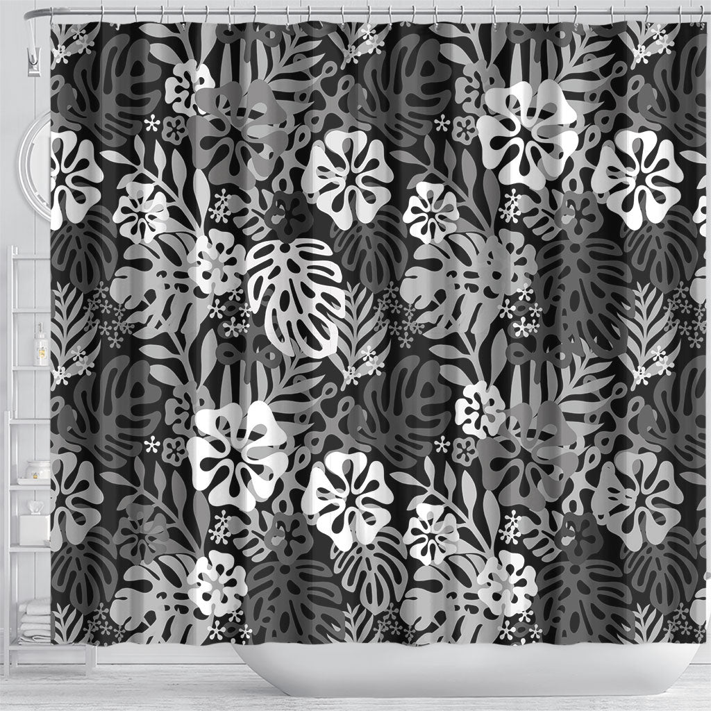 Black Aloha Hawaiian Shower Curtain Monstera Hibiscus Tropical Pattern LT19 - Polynesian Pride