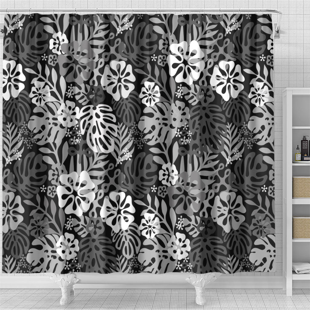 Black Aloha Hawaiian Shower Curtain Monstera Hibiscus Tropical Pattern LT19 - Polynesian Pride