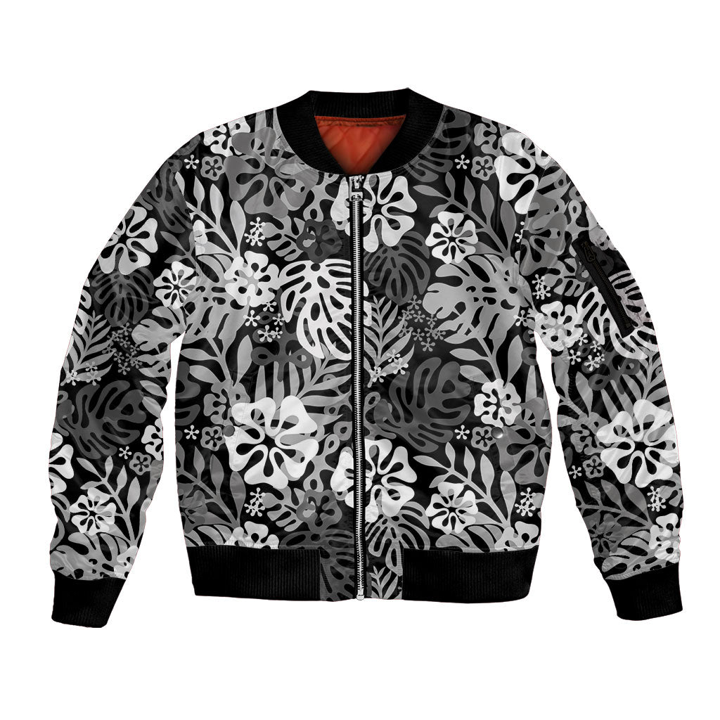 Black Aloha Hawaiian Sleeve Zip Bomber Jacket Monstera Hibiscus Tropical Pattern LT19 Unisex Black - Polynesian Pride