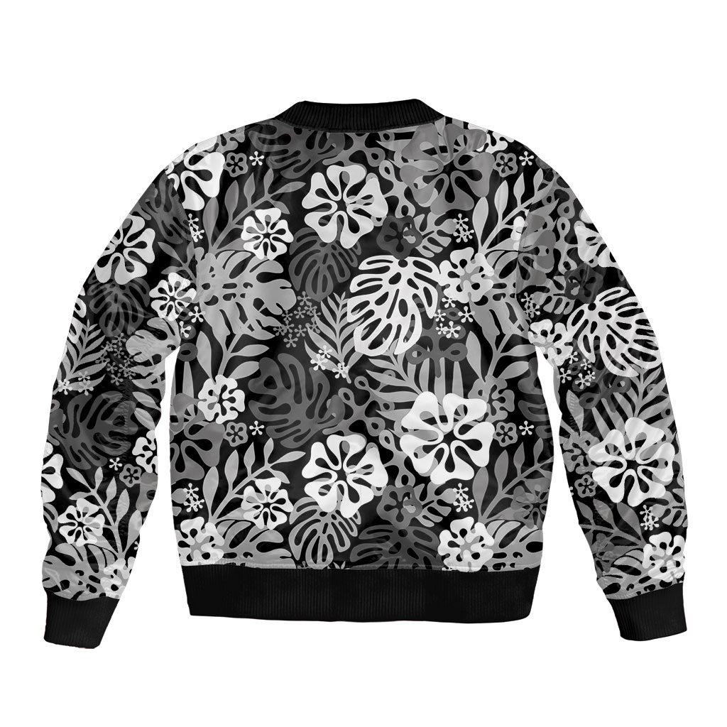 Black Aloha Hawaiian Sleeve Zip Bomber Jacket Monstera Hibiscus Tropical Pattern LT19 - Polynesian Pride