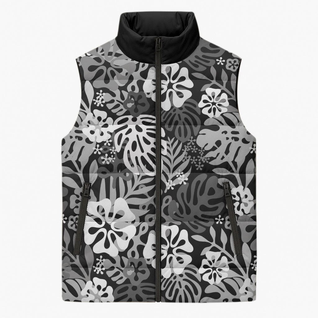 Black Aloha Hawaiian Sleeveless Puffer Jacket Monstera Hibiscus Tropical Pattern LT19 Unisex Black - Polynesian Pride