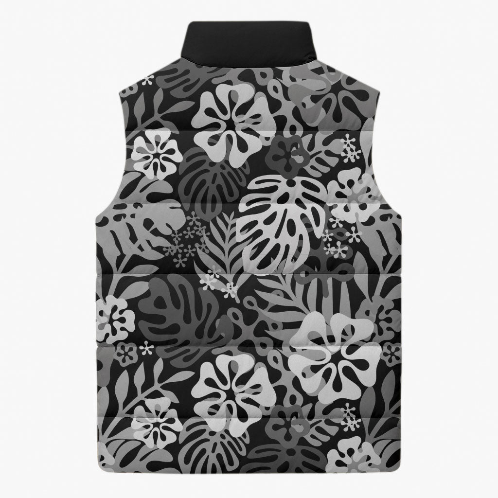 Black Aloha Hawaiian Sleeveless Puffer Jacket Monstera Hibiscus Tropical Pattern LT19 - Polynesian Pride