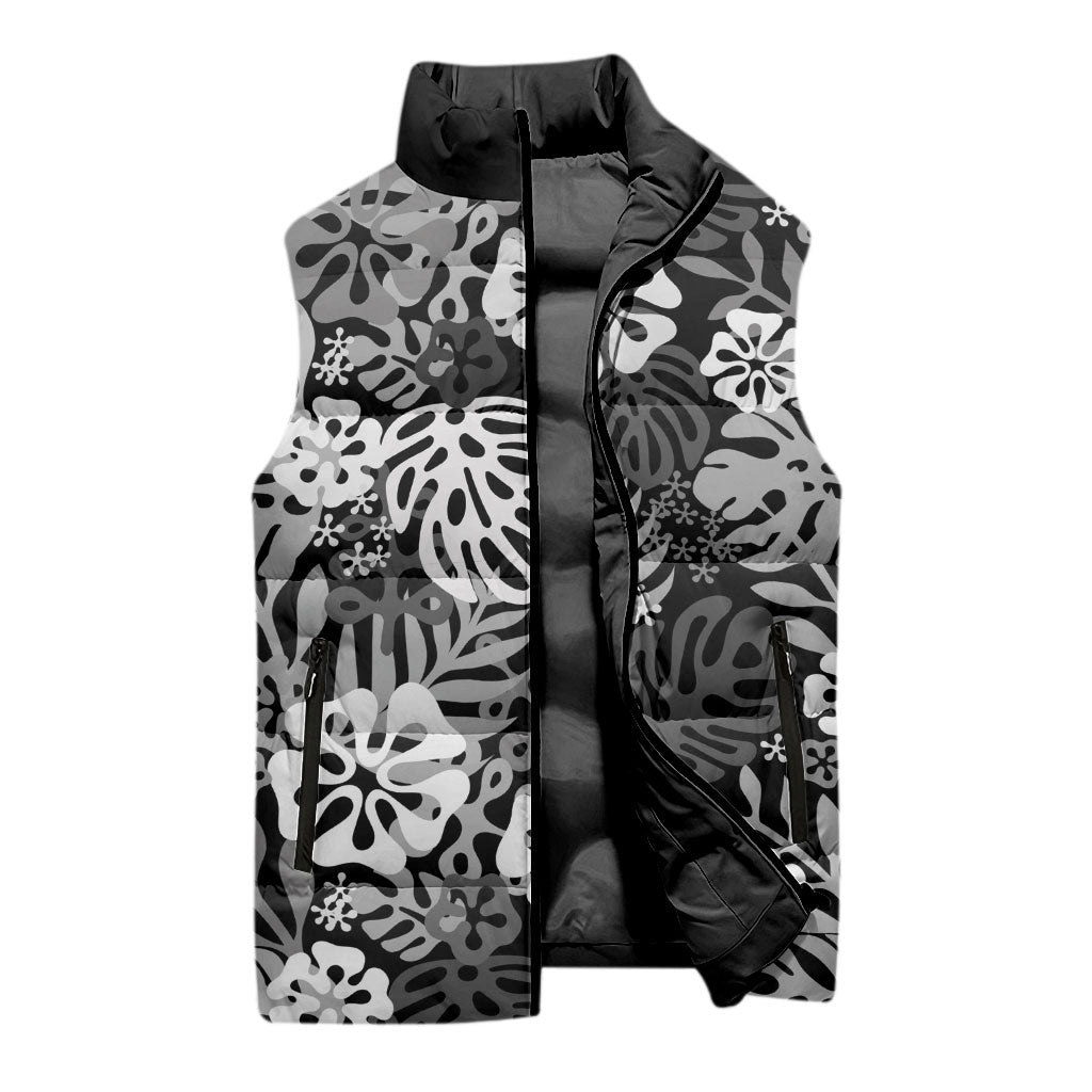 Black Aloha Hawaiian Sleeveless Puffer Jacket Monstera Hibiscus Tropical Pattern LT19 - Polynesian Pride