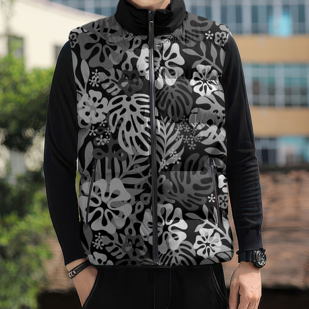 Black Aloha Hawaiian Sleeveless Puffer Jacket Monstera Hibiscus Tropical Pattern LT19 - Polynesian Pride
