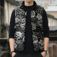 Black Aloha Hawaiian Sleeveless Puffer Jacket Monstera Hibiscus Tropical Pattern LT19 - Polynesian Pride
