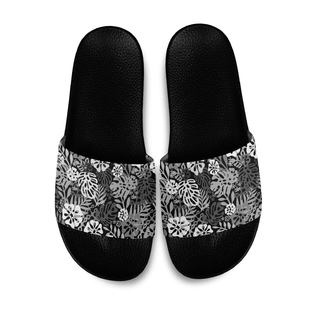 Black Aloha Hawaiian Slide Sandals Monstera Hibiscus Tropical Pattern LT19 Black - Polynesian Pride