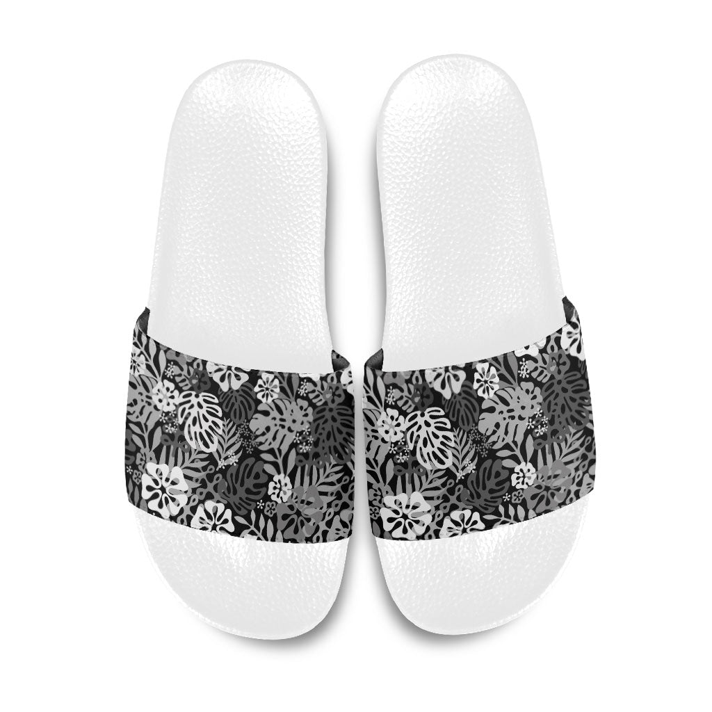 Black Aloha Hawaiian Slide Sandals Monstera Hibiscus Tropical Pattern LT19 Black - Polynesian Pride