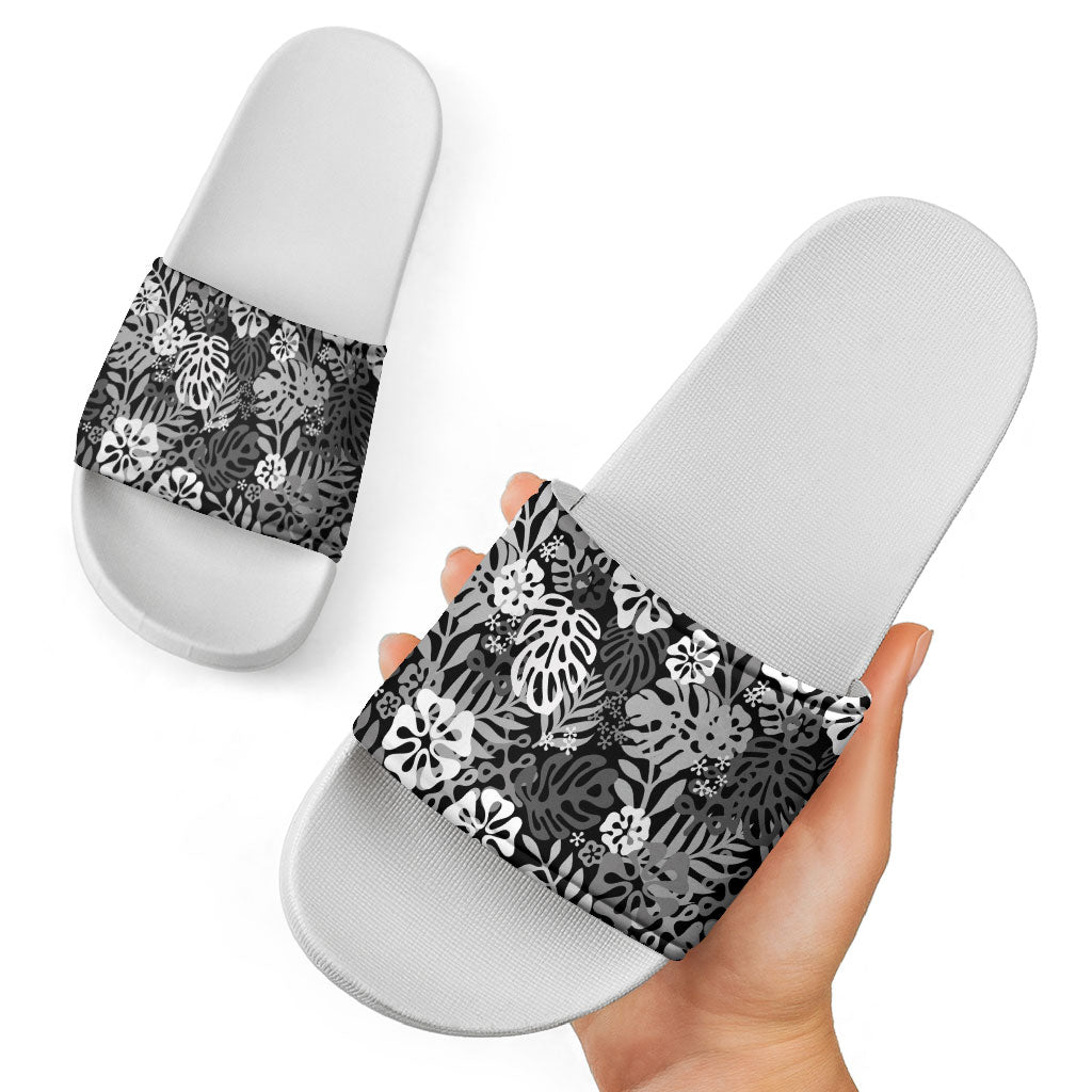Black Aloha Hawaiian Slide Sandals Monstera Hibiscus Tropical Pattern LT19 - Polynesian Pride