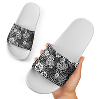 Black Aloha Hawaiian Slide Sandals Monstera Hibiscus Tropical Pattern LT19 - Polynesian Pride