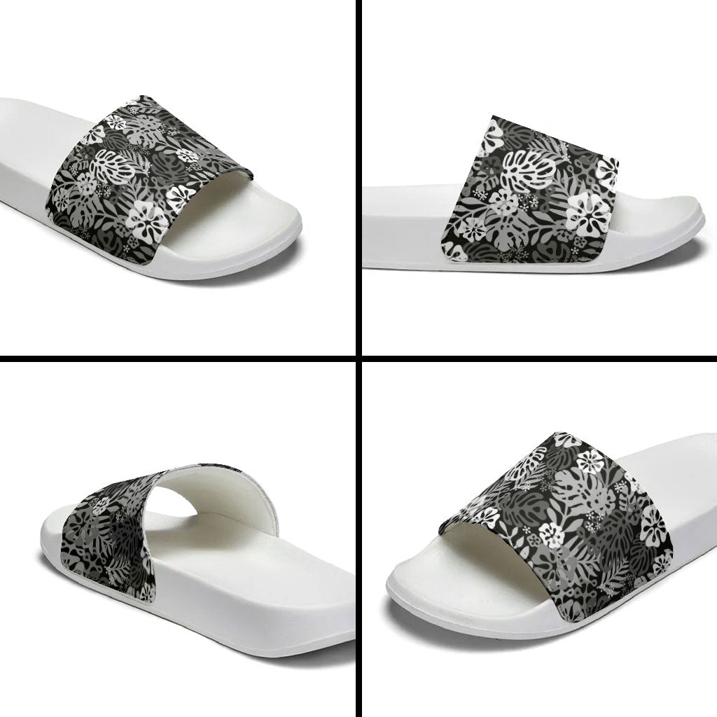 Black Aloha Hawaiian Slide Sandals Monstera Hibiscus Tropical Pattern LT19 - Polynesian Pride