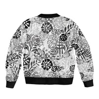 White Aloha Hawaiian Bomber Jacket Monstera Hibiscus Tropical Pattern