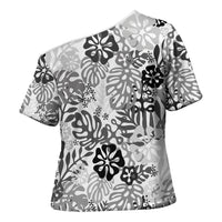 White Aloha Hawaiian Cross Shoulder Shirt Monstera Hibiscus Tropical Pattern LT19 - Polynesian Pride