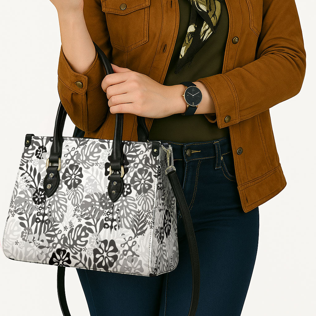 White Aloha Hawaiian Leather Bag Monstera Hibiscus Tropical Pattern LT19 - Polynesian Pride