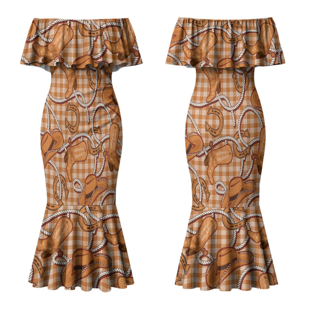 Brown Hawaii Palaka Cowboy Couples Matching Mermaid Dress and Long Sleeve Button Shirt Hawaiian Paniolo Festival Spirit LT19 - Polynesian Pride