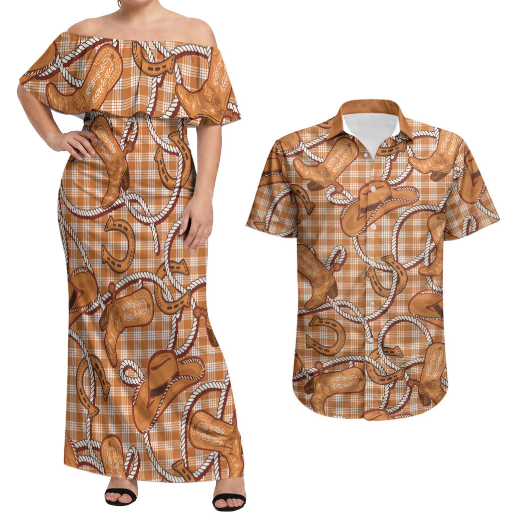 Brown Hawaii Palaka Cowboy Couples Matching Off Shoulder Maxi Dress and Hawaiian Shirt Hawaiian Paniolo Festival Spirit