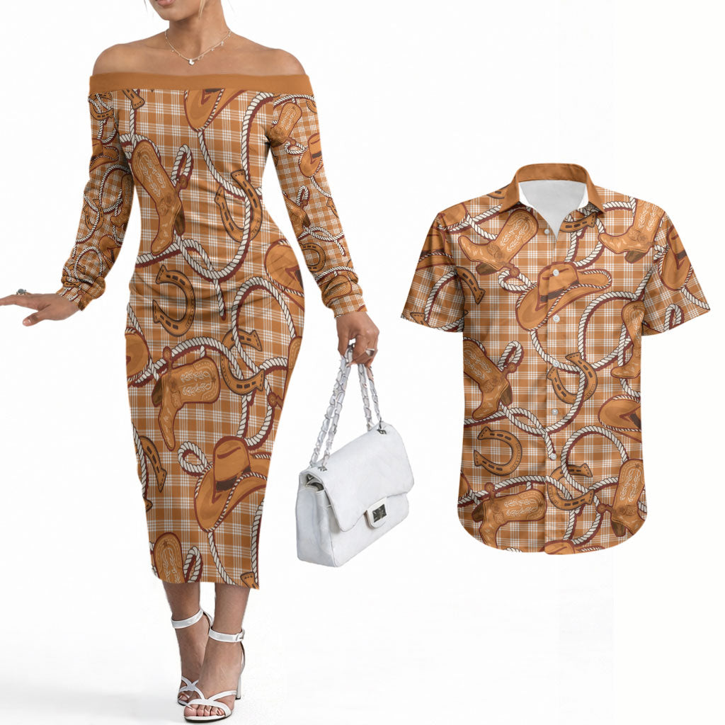 Brown Hawaii Palaka Cowboy Couples Matching Off The Shoulder Long Sleeve Dress and Hawaiian Shirt Hawaiian Paniolo Festival Spirit