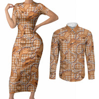 Brown Hawaii Palaka Cowboy Couples Matching Short Sleeve Bodycon Dress and Long Sleeve Button Shirt Hawaiian Paniolo Festival Spirit LT19 Brown - Polynesian Pride