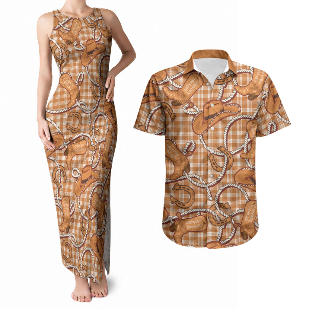 Brown Hawaii Palaka Cowboy Couples Matching Tank Maxi Dress and Hawaiian Shirt Hawaiian Paniolo Festival Spirit
