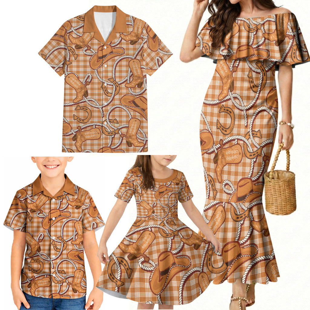Brown Hawaii Palaka Cowboy Family Matching Mermaid Dress and Hawaiian Shirt Hawaiian Paniolo Festival Spirit LT19 - Polynesian Pride