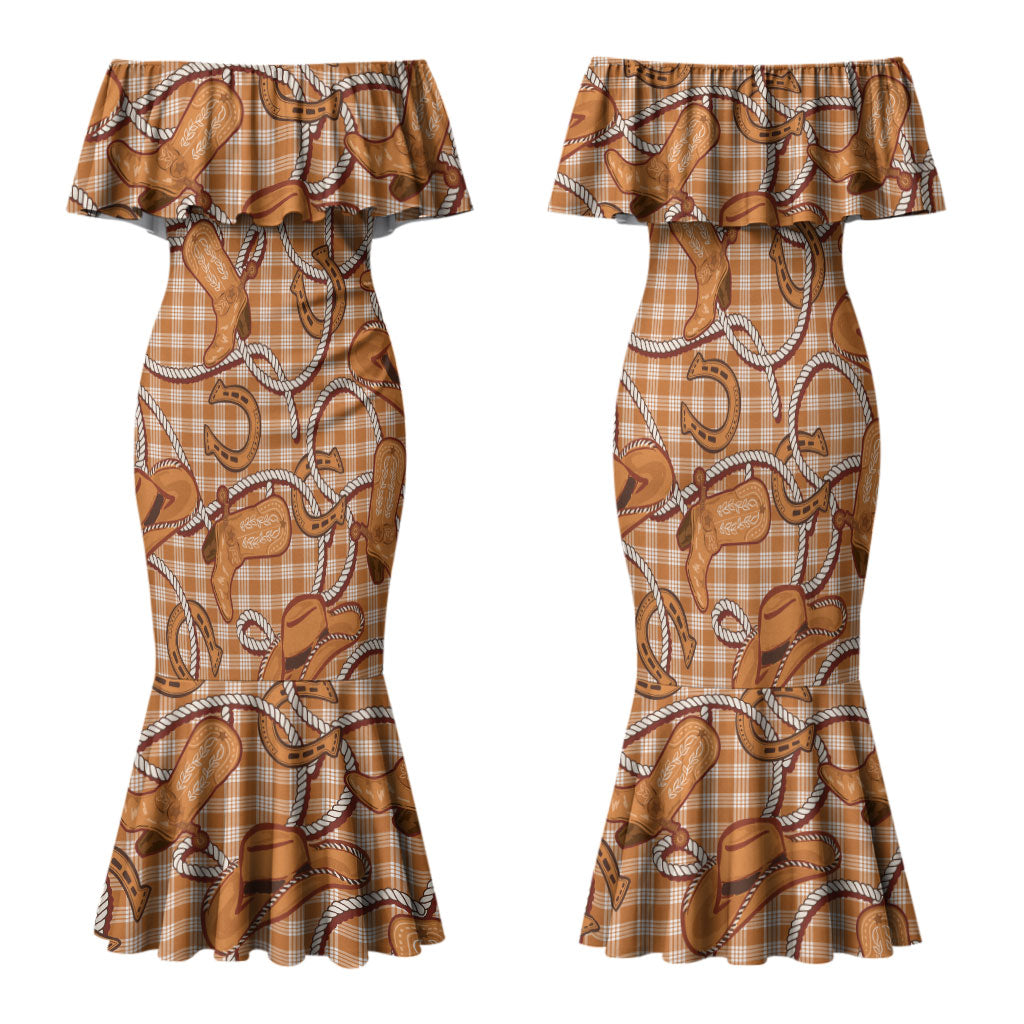 Brown Hawaii Palaka Cowboy Family Matching Mermaid Dress and Hawaiian Shirt Hawaiian Paniolo Festival Spirit LT19 Mom's Dress Brown - Polynesian Pride