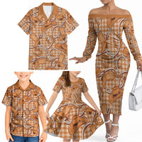 Brown Hawaii Palaka Cowboy Family Matching Off The Shoulder Long Sleeve Dress and Hawaiian Shirt Hawaiian Paniolo Festival Spirit LT19 - Polynesian Pride