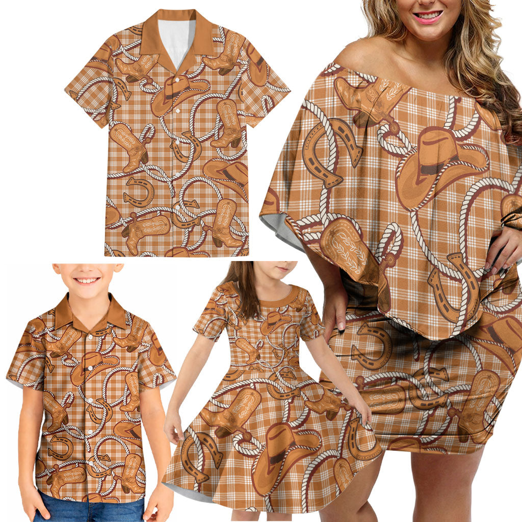 Brown Hawaii Palaka Cowboy Family Matching Off Shoulder Short Dress and Hawaiian Shirt Hawaiian Paniolo Festival Spirit LT19 - Polynesian Pride