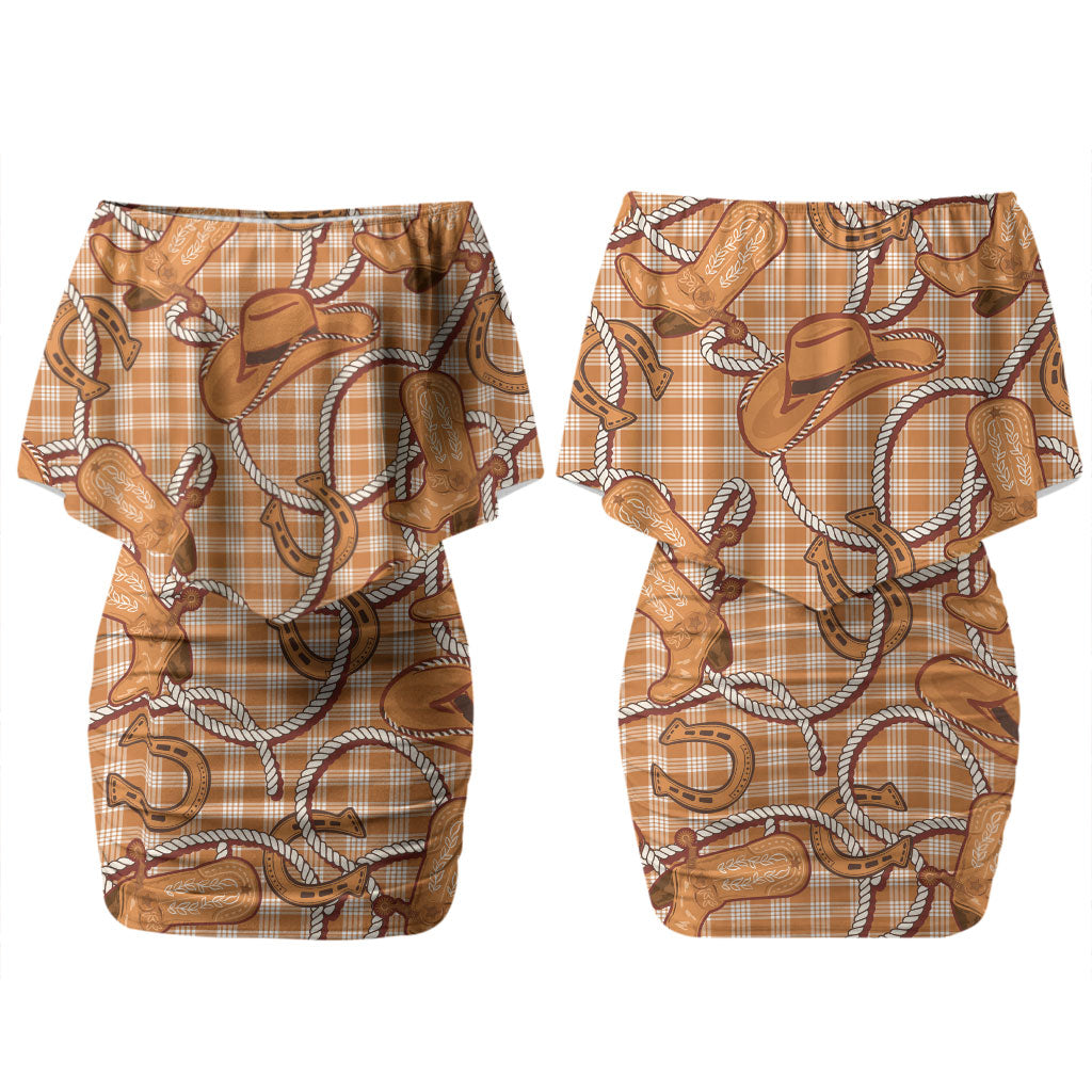 Brown Hawaii Palaka Cowboy Family Matching Off Shoulder Short Dress and Hawaiian Shirt Hawaiian Paniolo Festival Spirit LT19 Mom's Dress Brown - Polynesian Pride