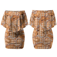Brown Hawaii Palaka Cowboy Family Matching Off Shoulder Short Dress and Hawaiian Shirt Hawaiian Paniolo Festival Spirit LT19 Mom's Dress Brown - Polynesian Pride