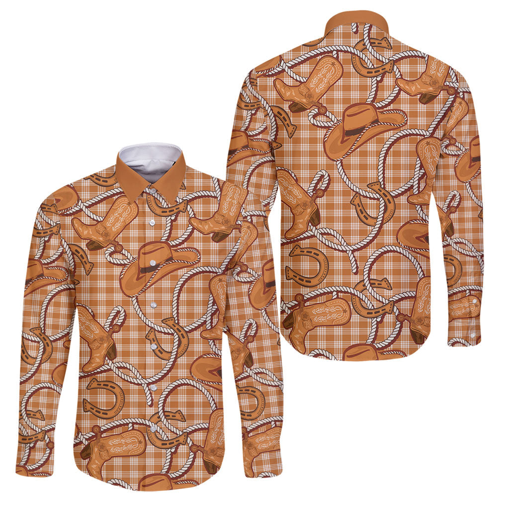 Brown Hawaii Palaka Cowboy Family Matching Puletasi and Hawaiian Shirt Hawaiian Paniolo Festival Spirit LT19 Dad's Shirt - Long Sleeve Brown - Polynesian Pride