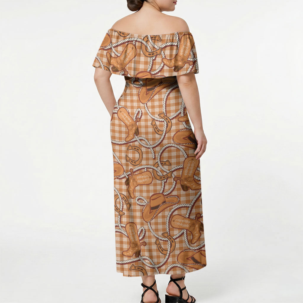 Brown Hawaii Palaka Cowboy Off Shoulder Maxi Dress Hawaiian Paniolo Festival Spirit LT19 - Polynesian Pride