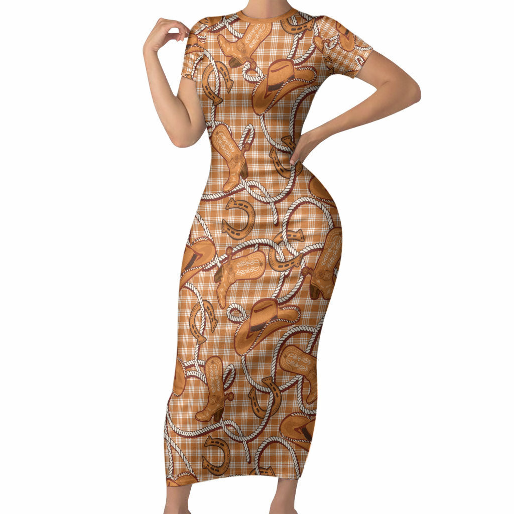 Brown Hawaii Palaka Cowboy Short Sleeve Bodycon Dress Hawaiian Paniolo Festival Spirit LT19 Long Dress Brown - Polynesian Pride