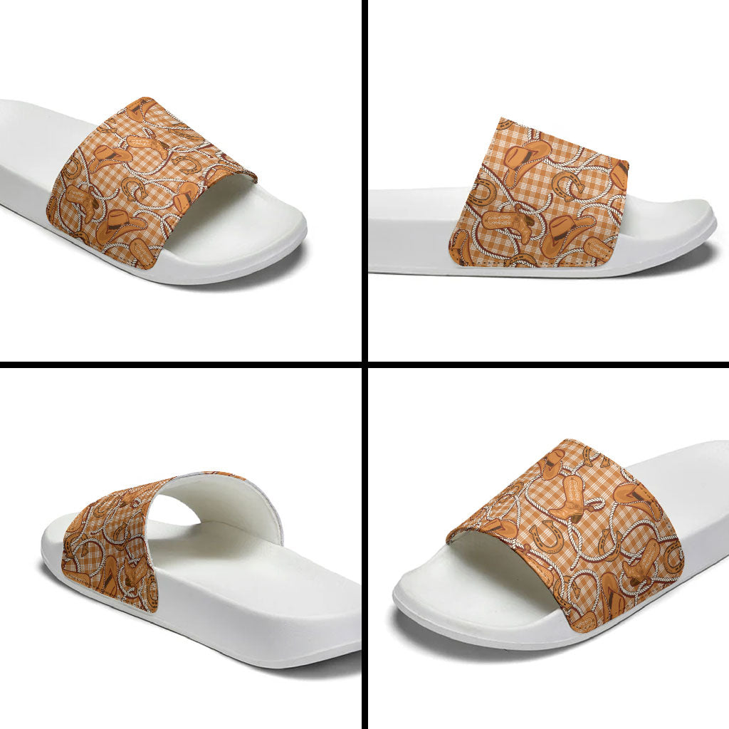 Brown Hawaii Palaka Cowboy Slide Sandals Hawaiian Paniolo Festival Spirit LT19 - Polynesian Pride