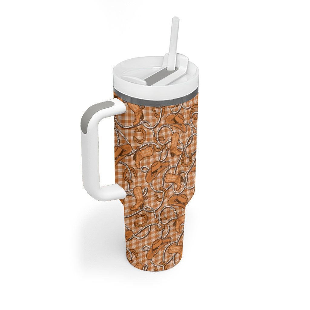 Brown Hawaii Palaka Cowboy Tumbler With Handle Hawaiian Paniolo Festival Spirit LT19 - Polynesian Pride