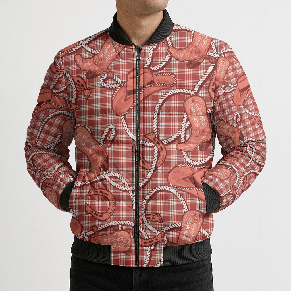 Red Hawaii Palaka Cowboy Bomber Puffer Jacket Hawaiian Paniolo Festival Spirit LT19 - Polynesian Pride
