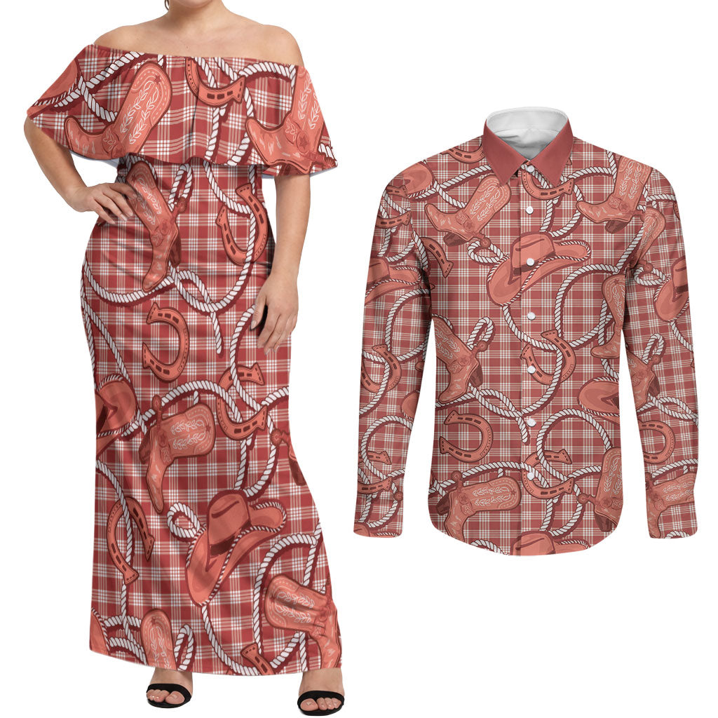 Red Hawaii Palaka Cowboy Couples Matching Off Shoulder Maxi Dress and Long Sleeve Button Shirt Hawaiian Paniolo Festival Spirit