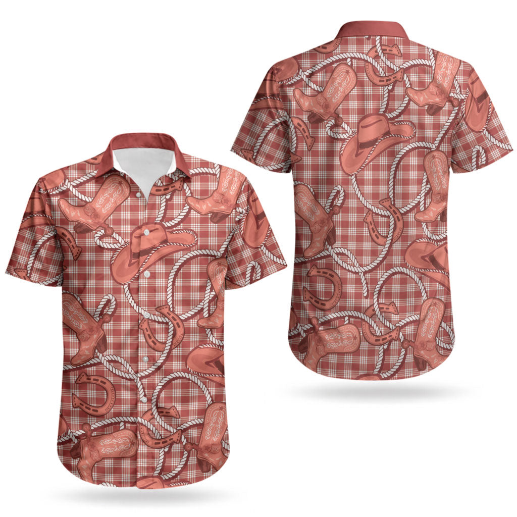 Red Hawaii Palaka Cowboy Couples Matching Off Shoulder Short Dress and Hawaiian Shirt Hawaiian Paniolo Festival Spirit LT19 - Polynesian Pride