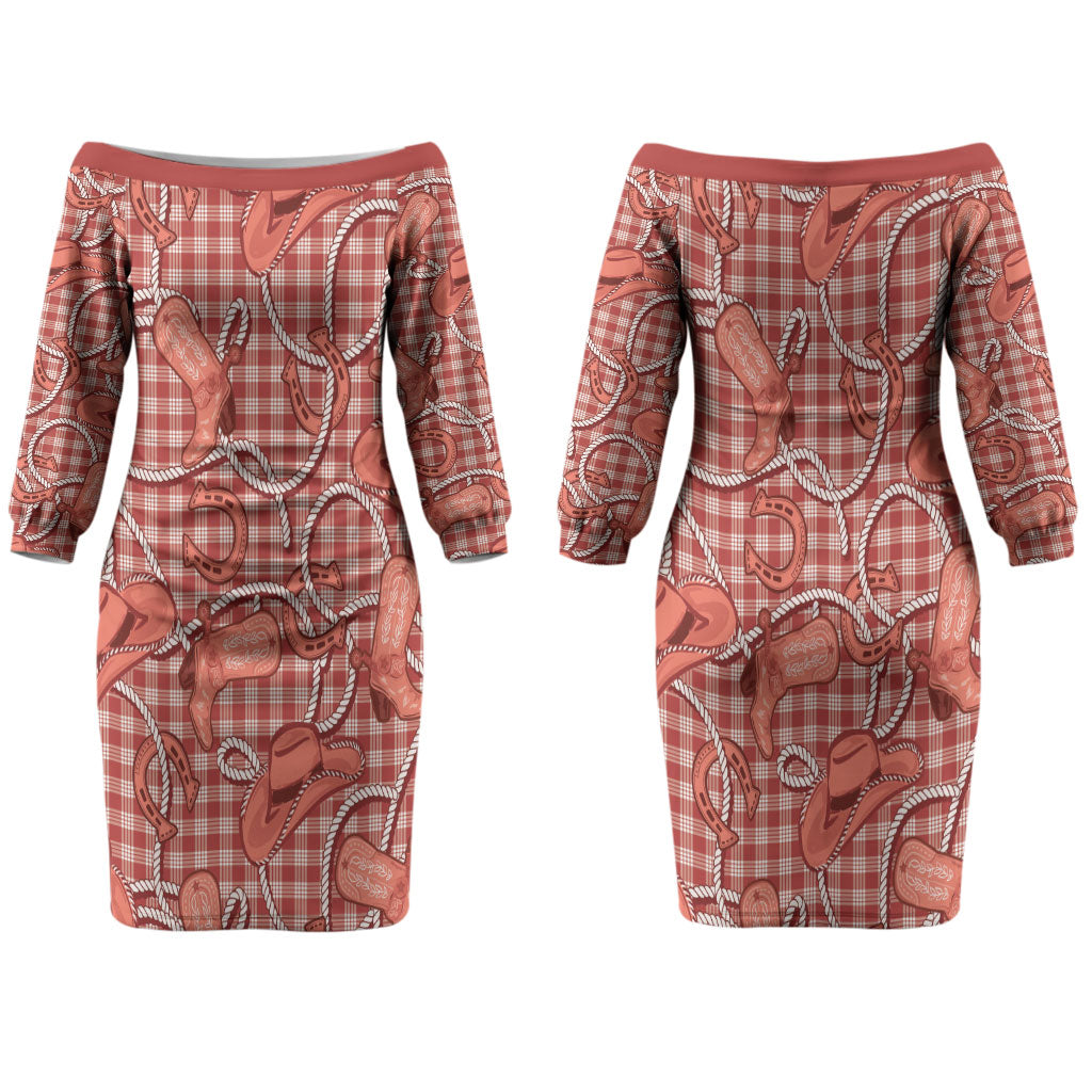Red Hawaii Palaka Cowboy Couples Matching Off The Shoulder Long Sleeve Dress and Long Sleeve Button Shirt Hawaiian Paniolo Festival Spirit LT19 - Polynesian Pride